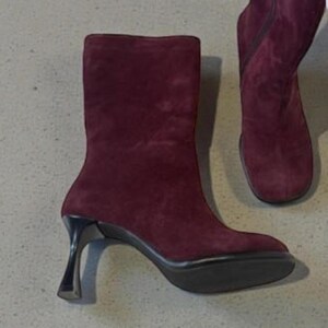 Burgundy suede ankle boots for women with 7 cm kitten heel, handmade elegant boots