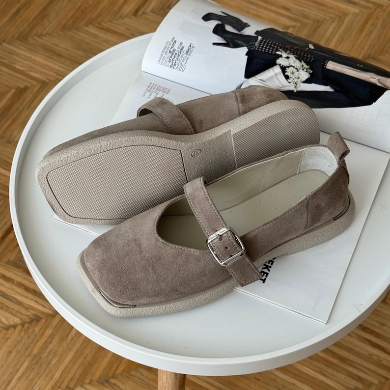 Square Toe Mary Jane Flats for Women Handmade Suede Leather Shoes Custom Color Minimalist Comfortable Daily Wear image 12