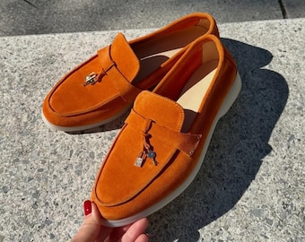 Womens Loafers Leather Flats, Handmade Suede Loafers, Comfortable Slip On Shoes, Italian Suede Shoes, Casual Office Flats