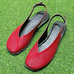 Close up of perforated genuine leather on women slingback flats, breathable square toe summer shoes
