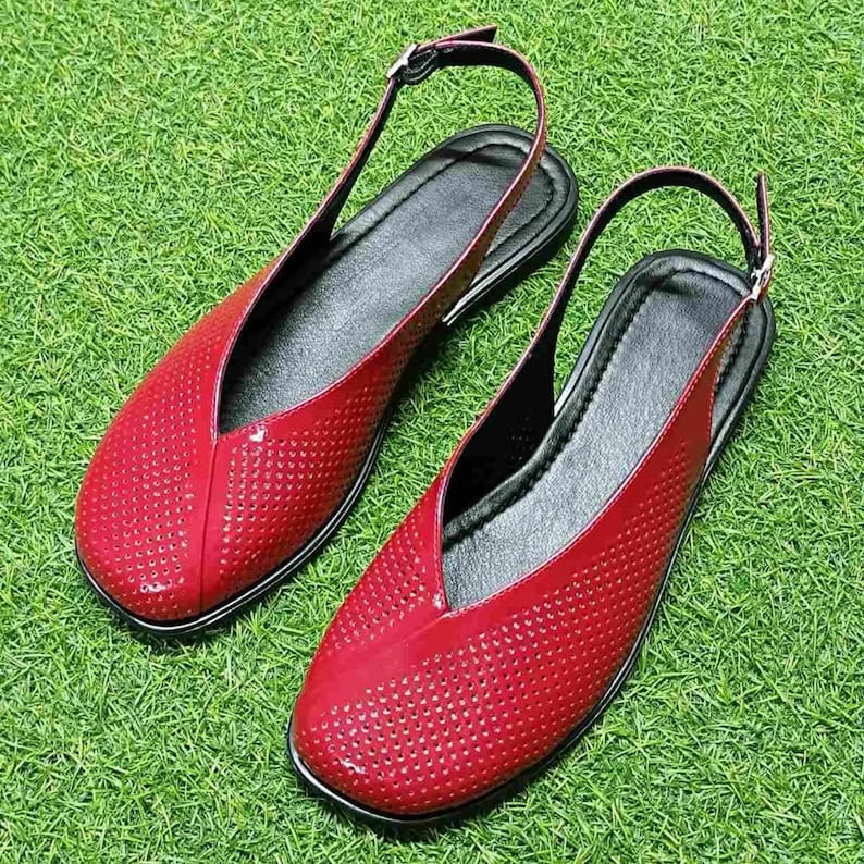 Close up of perforated genuine leather on women slingback flats, breathable square toe summer shoes
