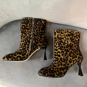 Leopard suede ankle boots for women, stylish custom boots with mid heel