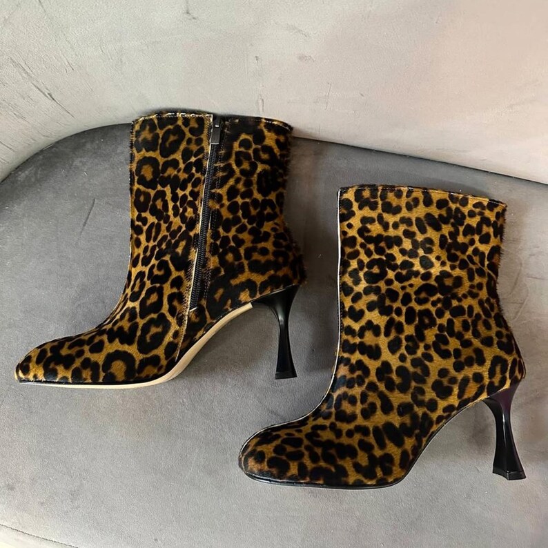 Leopard suede ankle boots for women, stylish custom boots with mid heel