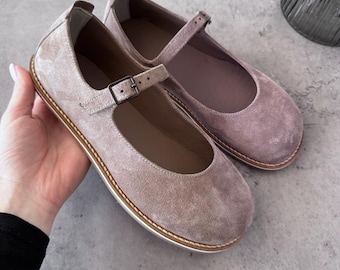 Barefoot Mary Jane Ballet Flats Women, Wide Toe Box Minimalist Shoes, Soft Suede Leather Ballet Shoes, Zero Drop Handmade Shoes