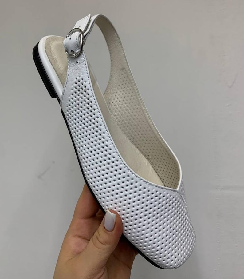 Leather slingback flat shoes with adjustable back strap, square toe comfortable women summer flats
