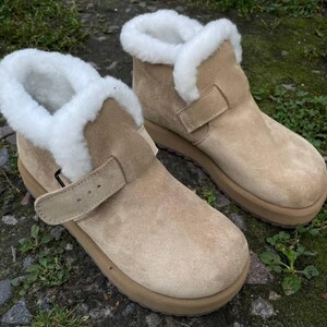 Cozy shearling-lined suede boots in beige color, orthopedic winter footwear for women