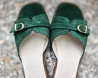 Leather Slide Sandals Women, Flat Leather Sandals, Handmade Slip On Sandals, Green Suede Slides, Adjustable Buckle Summer Shoes