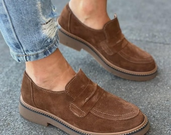 Damloafers, slip-on-skor i äkta läder och mocka, bekväma plattskor med bred tå, barfotaskor för arbetskläder