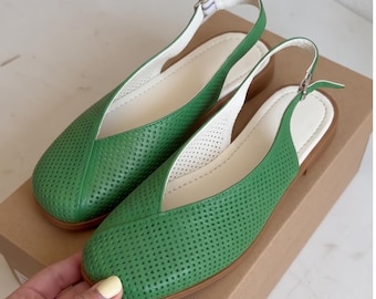 Green Perforated Leather Flats, Slingback Summer Shoes, Comfortable Wide Toe Shoes, Handmade Flats for Women