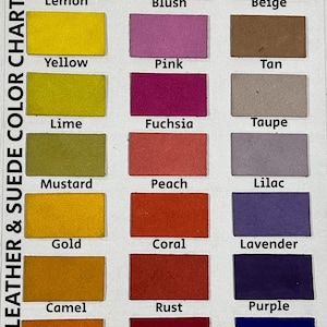 May include: A leather and suede color chart featuring twenty-four rectangular swatches arranged in three columns. Each swatch is labeled with its corresponding color name, including lemon, blush, beige, yellow, pink, tan, lime, fuchsia, taupe, mustard, peach, lilac, gold, coral, lavender, camel, rust, purple, orange, burgundy, and royal blue.