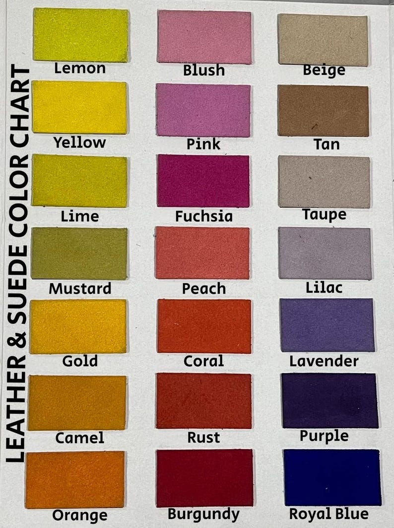 May include: A leather and suede color chart featuring twenty-four rectangular swatches arranged in three columns. Each swatch is labeled with its corresponding color name, including lemon, blush, beige, yellow, pink, tan, lime, fuchsia, taupe, mustard, peach, lilac, gold, coral, lavender, camel, rust, purple, orange, burgundy, and royal blue.