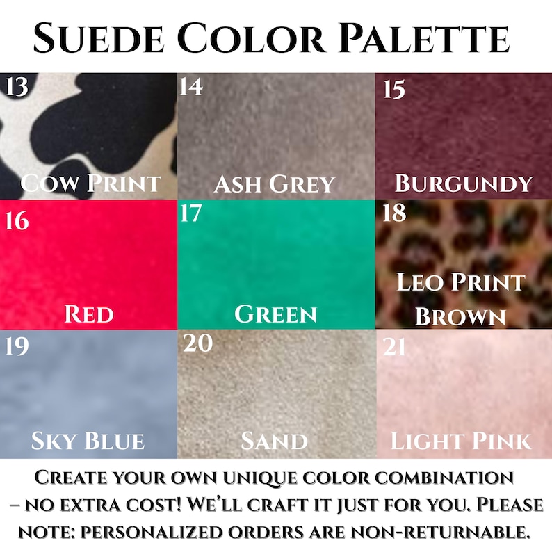 Op de afbeelding: Een su&egrave;de kleurenpalet met gekleurde stalen. Kleuren zijn koeienprint, asgrijs, bordeaux, rood, groen, luipaardprint bruin, hemelsblauw, zand en lichtroze. De tekst moedigt klanten aan om hun eigen kleurencombinatie te cre&euml;ren.