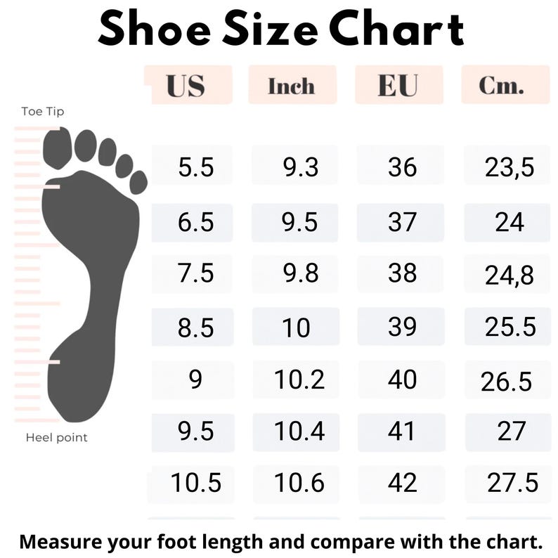 Women’s shoe size chart US to EU conversion with foot length measurements.