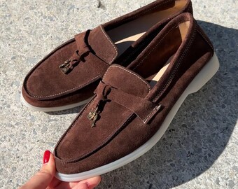 Handmade Suede Loafers for Women, Wide Fit Comfort Shoes, Italian Style Flats, Casual Slip On Shoes, Soft Leather Lined Loafers
