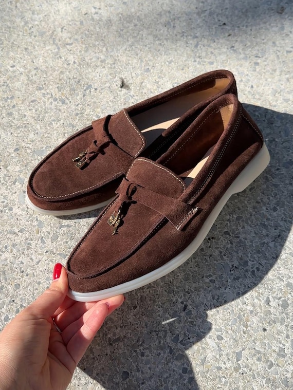 Handmade Suede Loafers for Women, Wide Fit Comfort Shoes, Italian Style Flats, Casual Slip On Shoes, Soft Leather Lined Loafers