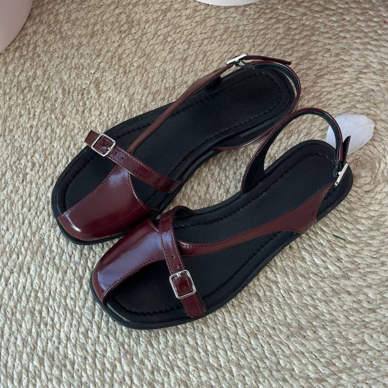 Burgundy leather flat sandals women minimalist handmade open toe summer sandals