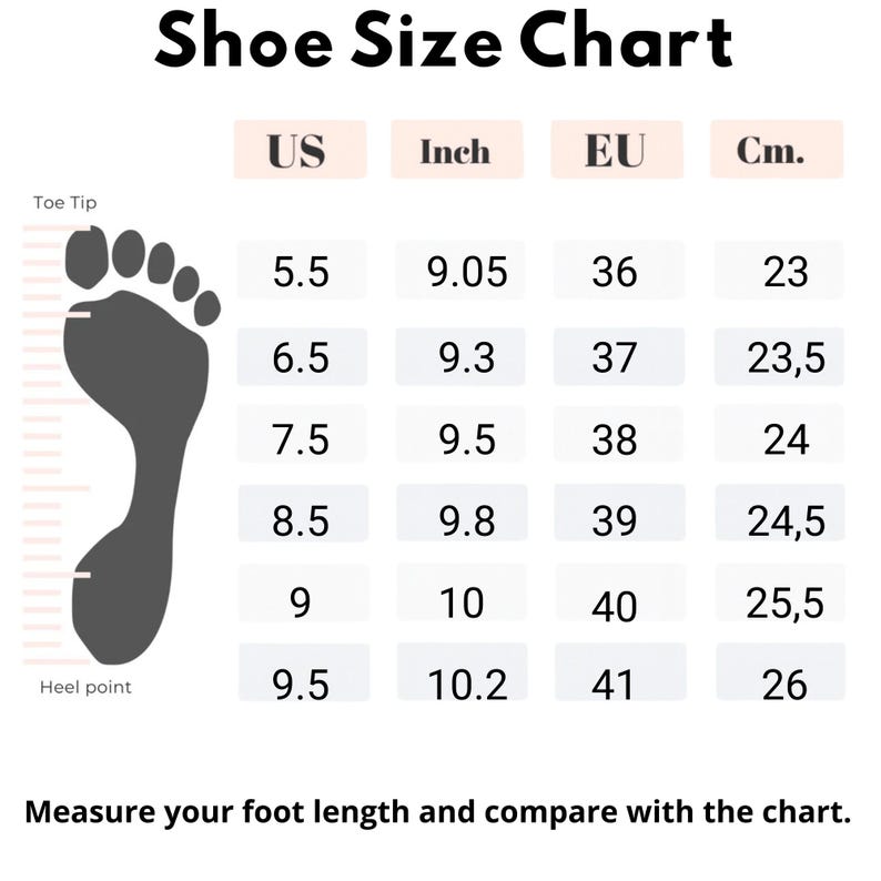 Women sandals size chart EU 36 to 41 foot length guide