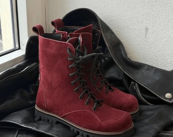 Anatomical Lace-Up Boots Women, Handmade Suede or Leather Combat Boots, Flexible Sole, Cozy Fleece or Fur Lining