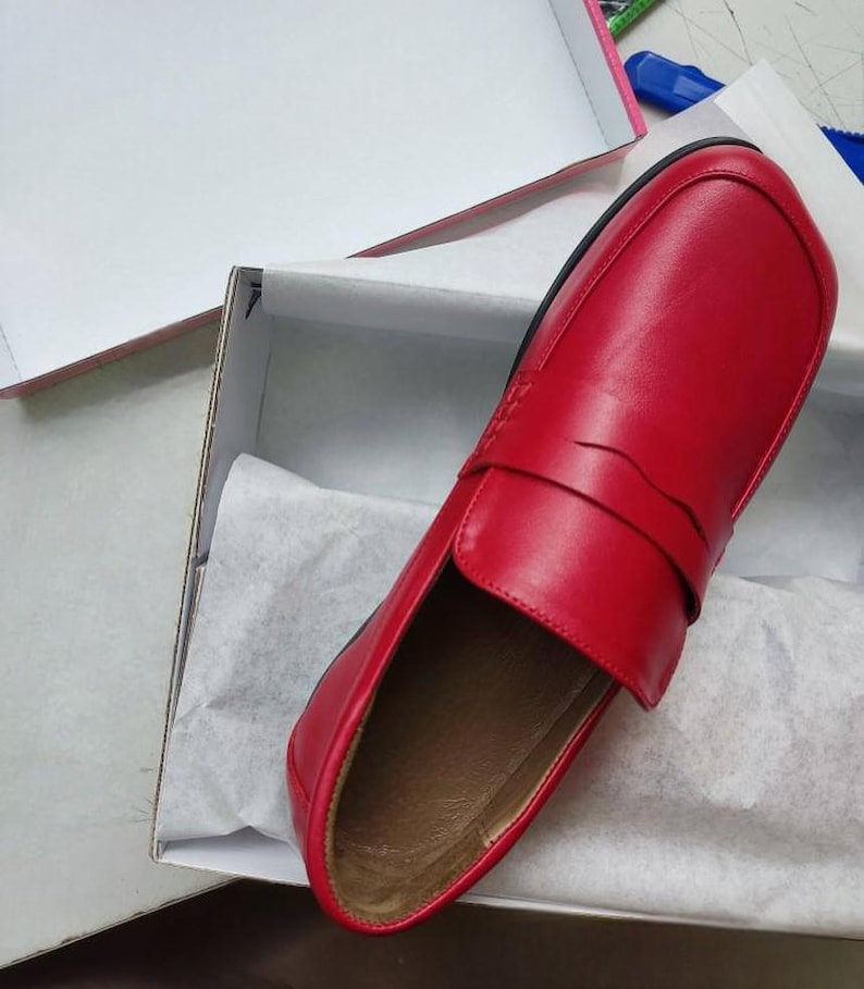 Red suede loafers for women – handmade shoes, anatomical flats with square toe, casual style