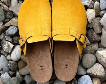 Leren damesklompen met brede neus – handgemaakte suède muiltjes, comfortabele instapschoenen met gesp, aangepaste kleuren, schoenen met brede pasvorm