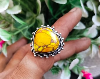 Bague en jaspe turquoise jaune, bague en argent 925 faite main, cadeau de bijoux en pierres précieuses vintage bohème
