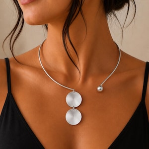 Silver Double Disc Choker Necklace, Modern Geometric Collar Jewelry