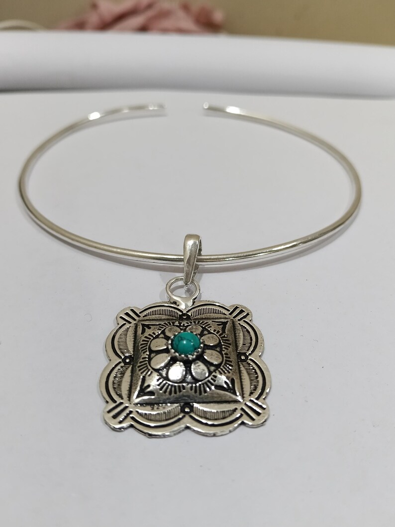 Colgante de flor turquesa, gargantilla de plata, joyería vintage estilo navajo, collar llamativo estilo boho, colgante artesanal imagen 3