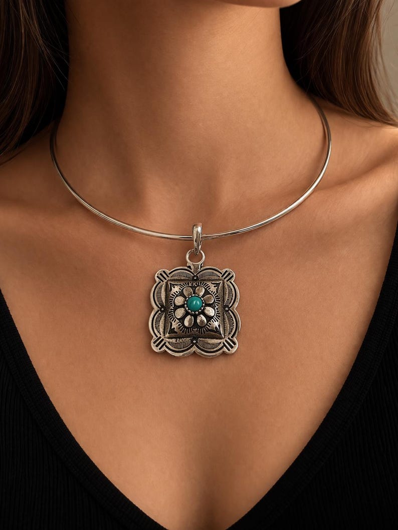 Colgante de flor turquesa, gargantilla de plata, joyería vintage estilo navajo, collar llamativo estilo boho, colgante artesanal imagen 2