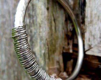 Coiled Silver Bangle Bracelet | Hammered Minimalist Cuff | Rustic Unisex Sterling Silver Jewelry