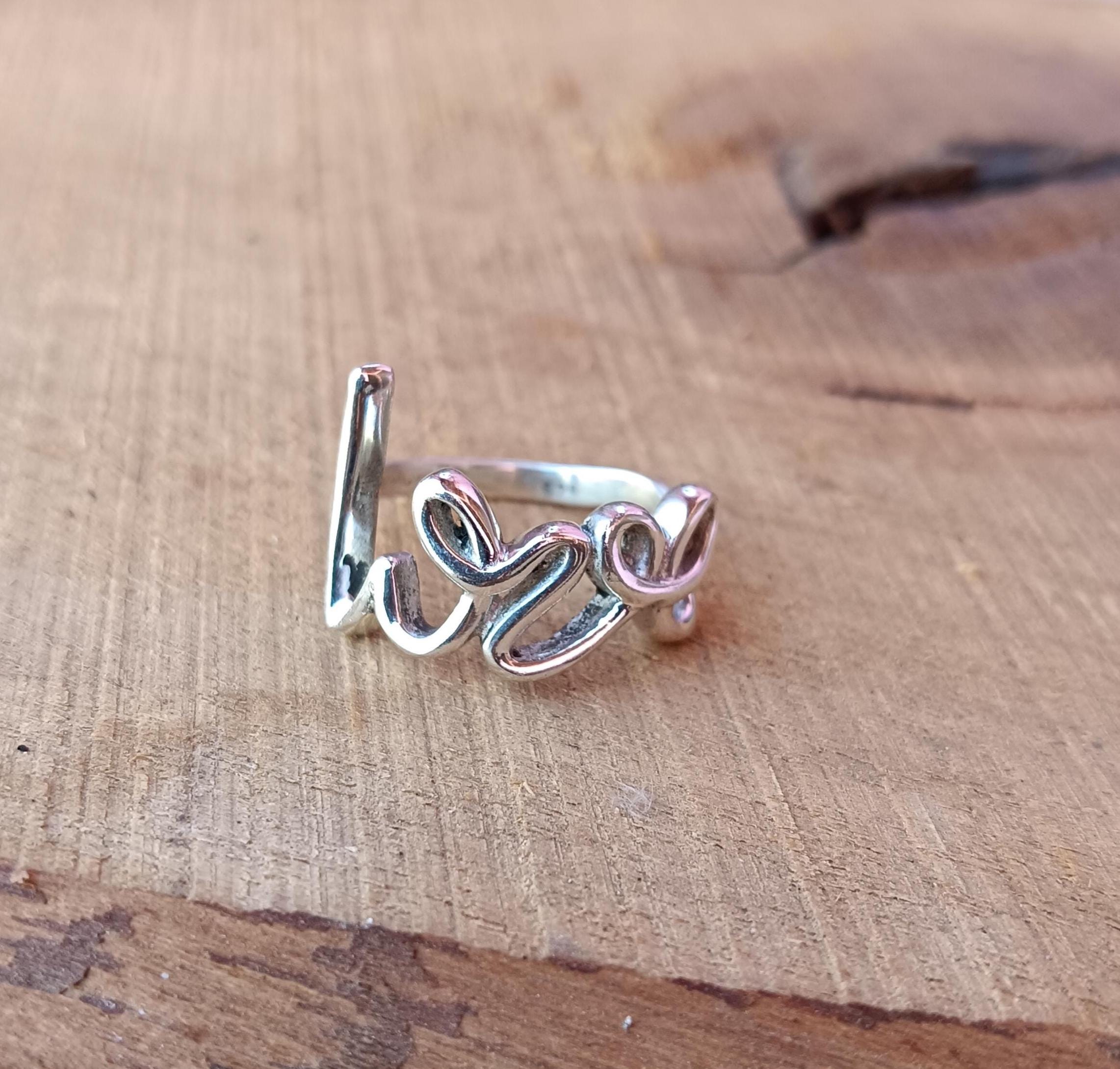 Sterling Silver Love Ring | Romantic Script Band, Adjustable - Etsy