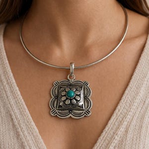 Colgante de flor turquesa, gargantilla de plata, joyería vintage estilo navajo, collar llamativo estilo boho, colgante artesanal imagen 7