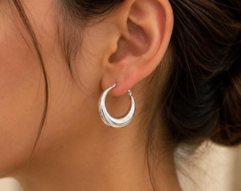 925 Sterling Silver Crescent Hoop Earrings, Minimalist Statement Earrings, Everyday Jewelry Gift for Women