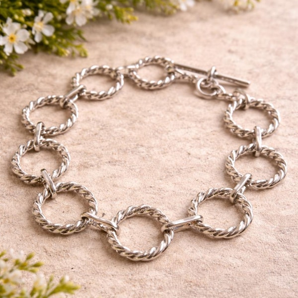 Boho Sterling Silber Gliederarmband, Twisted Ring Kettenarmband, handgemachter Schmuck