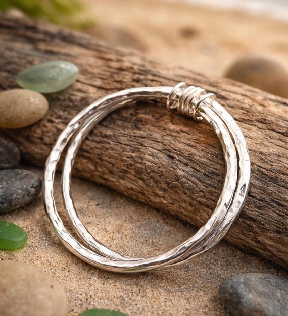 Handmade Sterling Silver Hammered Bangle Bracelet | Minimalist Wire Artisan Stacking Bracelet, Boho Jewelry