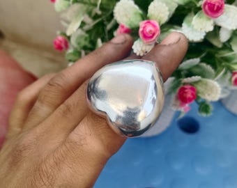 Silber Puffy Herz Ring, handgemachte Statement Chunky glänzend Herz Schmuck Romantisches Geschenk für Sie