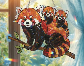 Red Panda Family Acrylic Hologram Window Hanging, Mama and Babies Sun Catcher, Cute Animal Decor, Mother’s Day Gift