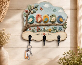 Bird Key Holder, Colorful Birds on Branch Wall Key Rack, Floral Entryway Decor, Nature Lover Gift, Cottage Wooden Key Hooks