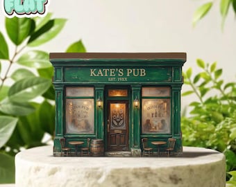 May include: A miniature green Irish pub model with the text "KATE'S PUB" and "EST. 19XX" on the facade. The model features a detailed door, windows, and small tables with chairs. The pub is set on a stone-like base.