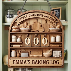 May include: Wooden baking log with the text "ARTISAN LOAVES BAKED THIS YEAR" and "EMMA'S BAKING LOG". The log has shelves with bread, baskets, cutting boards, jars, and the numbers "000". A chain hangs from the top.