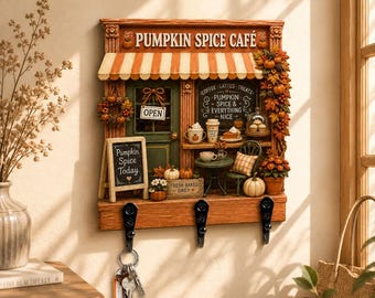 Pumpkin Spice Cafe Key Holder, Fall Coffee Shop Wall Key Rack, Autumn Kitchen Decor, Cozy Entryway Organizer, Wooden Key Hooks