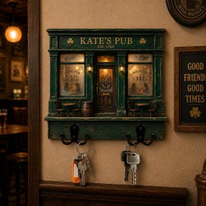 May include: A wall-mounted key holder designed as a miniature green Irish pub facade. The piece features the text KATE'S PUB EST. 19XX, two illuminated windows with pub graphics, a central door, and two black metal hooks holding sets of keys.