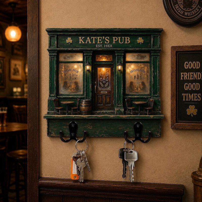 Personalized Irish Pub Key Holder, Custom Family Bar Sign, Shamrock Wall Key Rack, Rustic Entryway Decor, Housewarming Gift