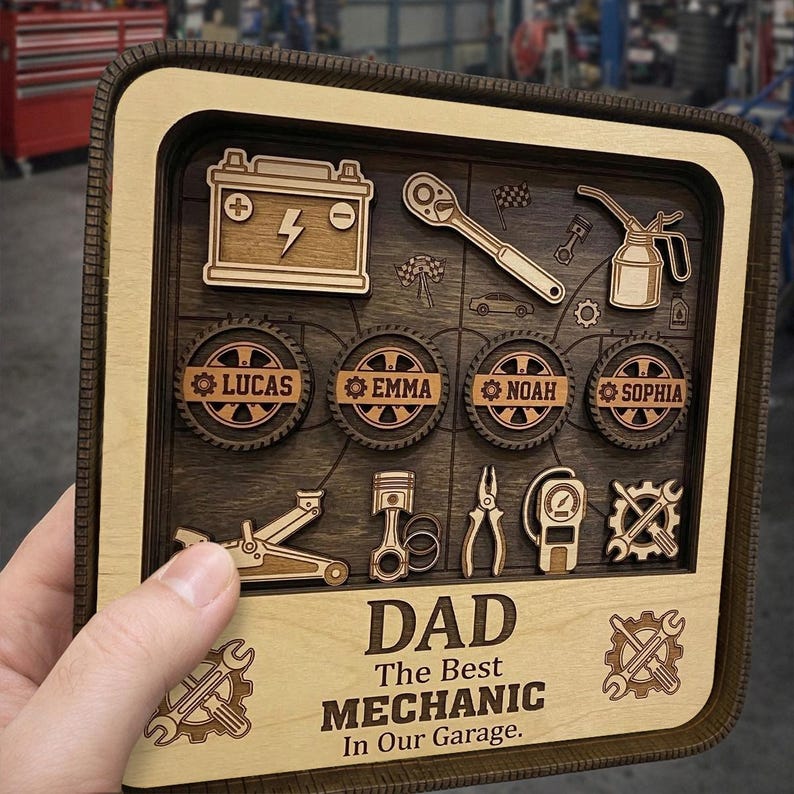 Mechanic Dad Wooden Shadow Box, Custom Kids Name Garage Decor, 3D Mechanic Tool Shelf Display, Fathers Day Gift, Car Lover Dad Keepsake