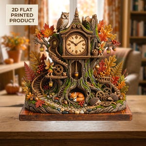 May include: A 2D flat printed decorative clock featuring a tree trunk design with an owl, fairies, a sleeping fox, and hedgehogs. The scene includes autumn leaves, gears, lanterns, and a clock face with leaf motifs, all mounted on a rectangular wooden base.