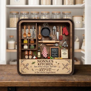 Decoración de cocina Nonna Kitchen en 3D con caja de sombras de madera, regalo de cocina para abuela italiana, arte de pared rústico para cocina, exhibición de cocina de madera