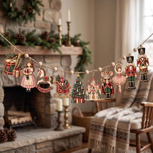 May include: A Christmas garland featuring wooden-style ornaments strung on twine with wooden beads. The ornaments include a drum, a girl, a rocking horse, a sleigh, a Christmas tree, a castle, a mouse king, a ballerina, and two nutcracker soldiers.