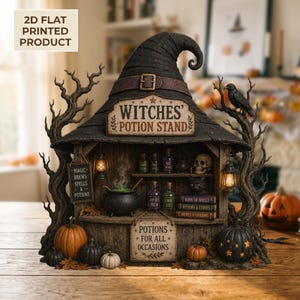 May include: A 2D flat printed decorative sign shaped like a witch hat with a potion stand scene. It features a cauldron, potion bottles, a skull, a black cat, books, and pumpkins. Text reads Witches' Potion Stand, Magic Brews Spells & Potions, and Potions For All Occasions.