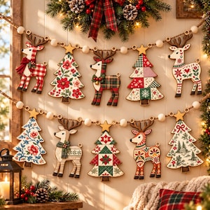 May include: A decorative garland featuring two rows of wooden ornaments suspended on a rope with white beads. The ornaments include reindeer and Christmas trees with various patterns like red plaid, floral prints, and geometric quilt designs.