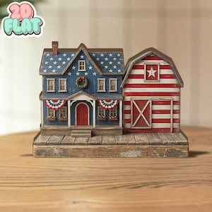 May include: A patriotic decorative house and barn set. The blue house features white stars on the roof and a red door. The barn has red and white stripes and a white star. The set is on a wooden base.
