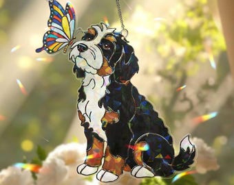 Hologramm Bernedoodle Schmetterling Fensterbehang, Acryl Buntglas Stil Suncatcher, Hundeliebhaber Prisma Dekor